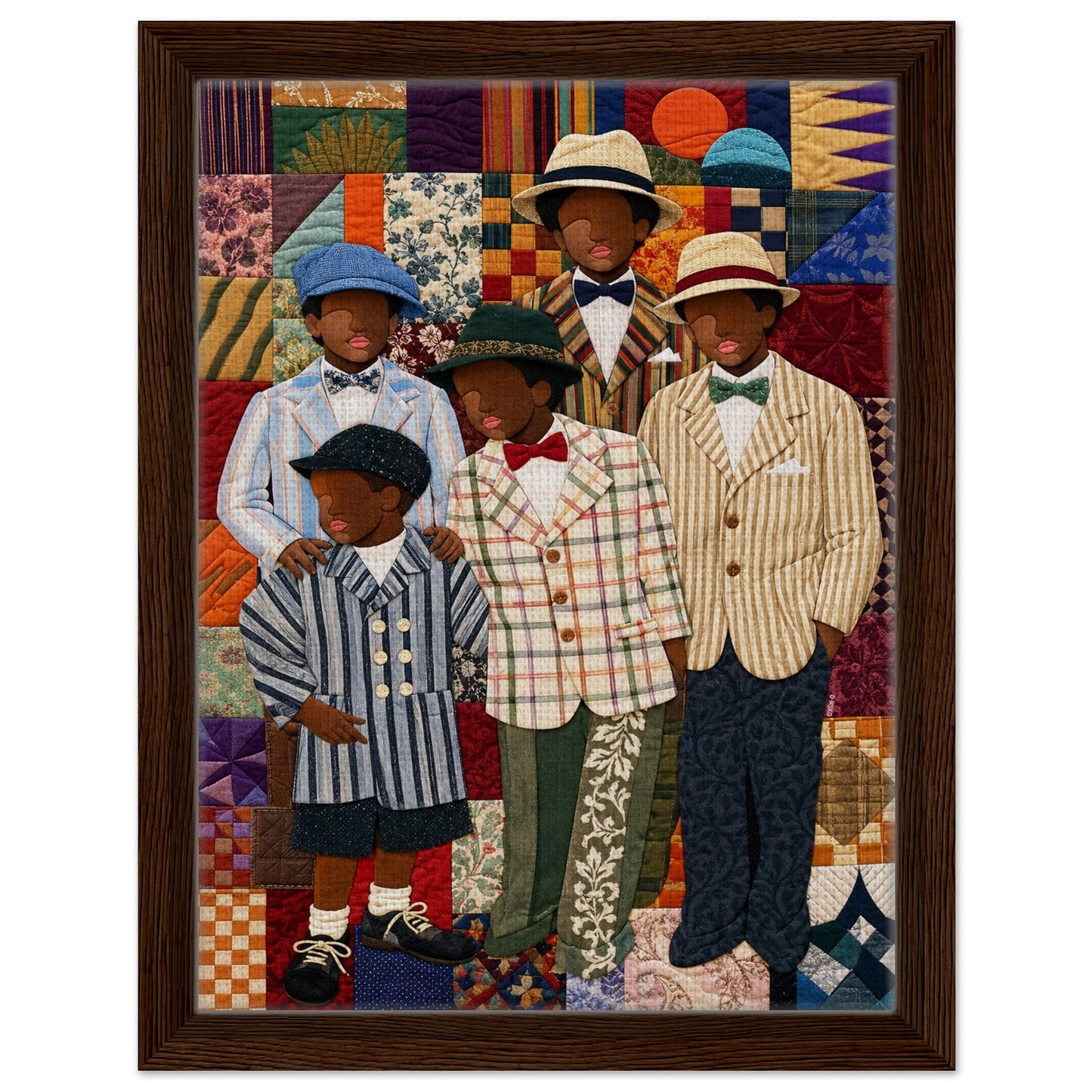 Framed Canvas, Dapper Brothers Black Boys Wall Art, Quilted-Style Vintage canvas