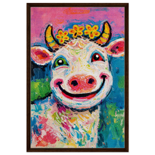 Happy as It Gets framed canvas in naive style: flower-crown cow, black wood frame, vibrant colors, portrait orientation