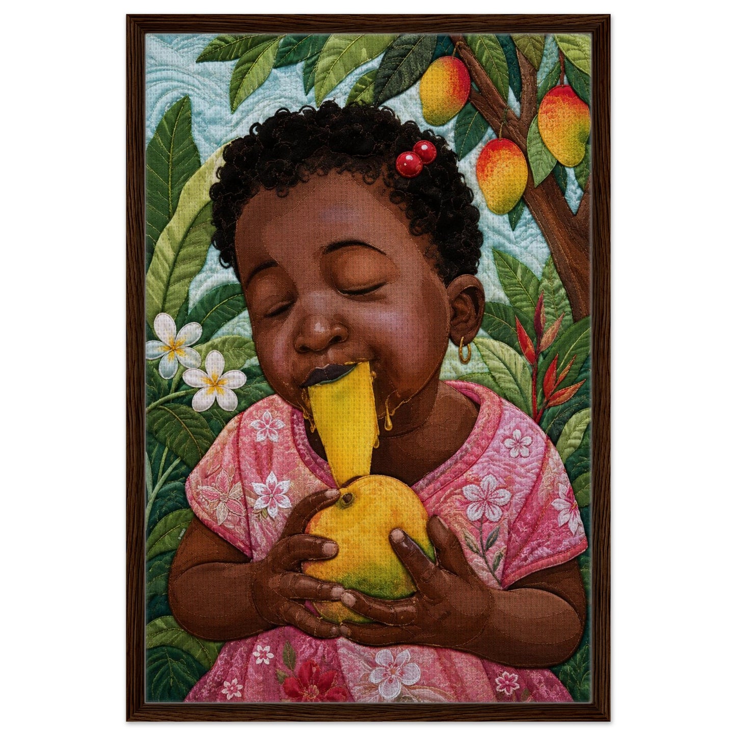 Black girl portrait, quilt-inspired framed canvas with mango and tropical botanicals, dark wood frame