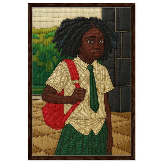 Path to Knowledge Afrocentric framed canvas, quilt-inspired portrait of a Black girl with red backpack in dark wood frame