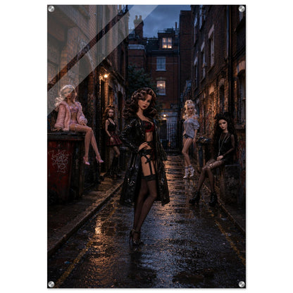Gallery wall acrylic print, gothic-noir fashion dolls in a rain-slick urban alley; high-gloss, vertical, silver standoffs