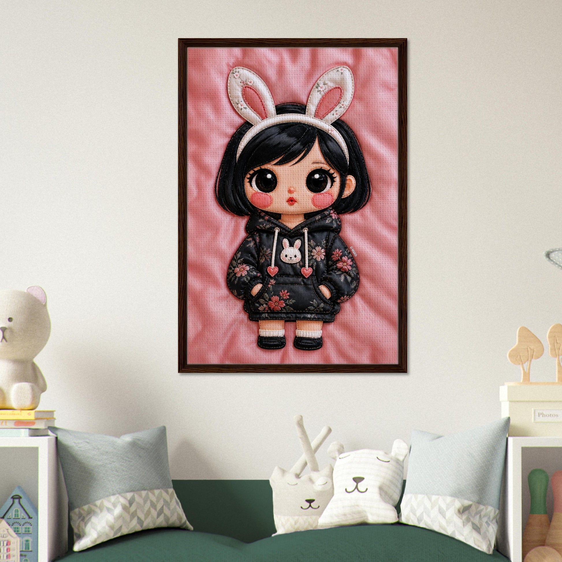 Bunny Bloom Kawaii Quilted-Style Framed Canvas