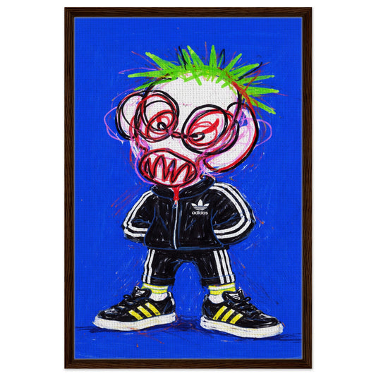 Noise Maker framed canvas with black wood frame, graffiti portrait with neon green spiky hair on blue background.
