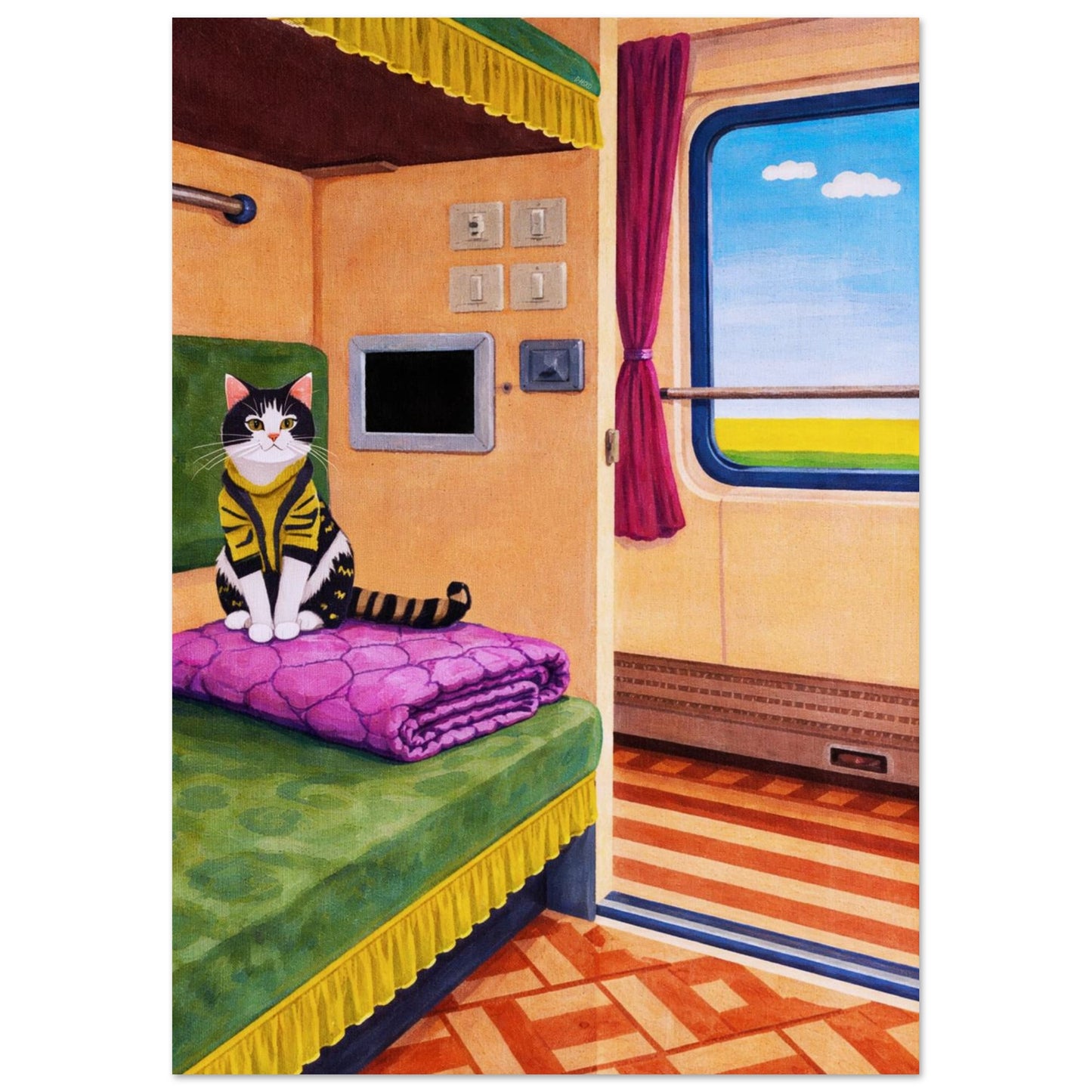 Cat on Train Matte Paper Poster Pop-Art - Mid-Century Travel