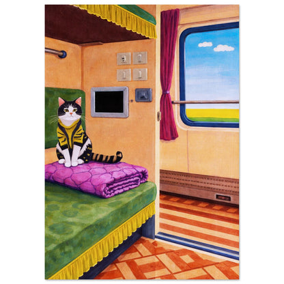 Cat on Train Matte Paper Poster Pop-Art - Mid-Century Travel