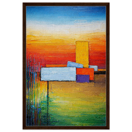 Built from Warmth geometric abstract framed canvas with impasto texture, slim black wood frame, vertical multicolor art.
