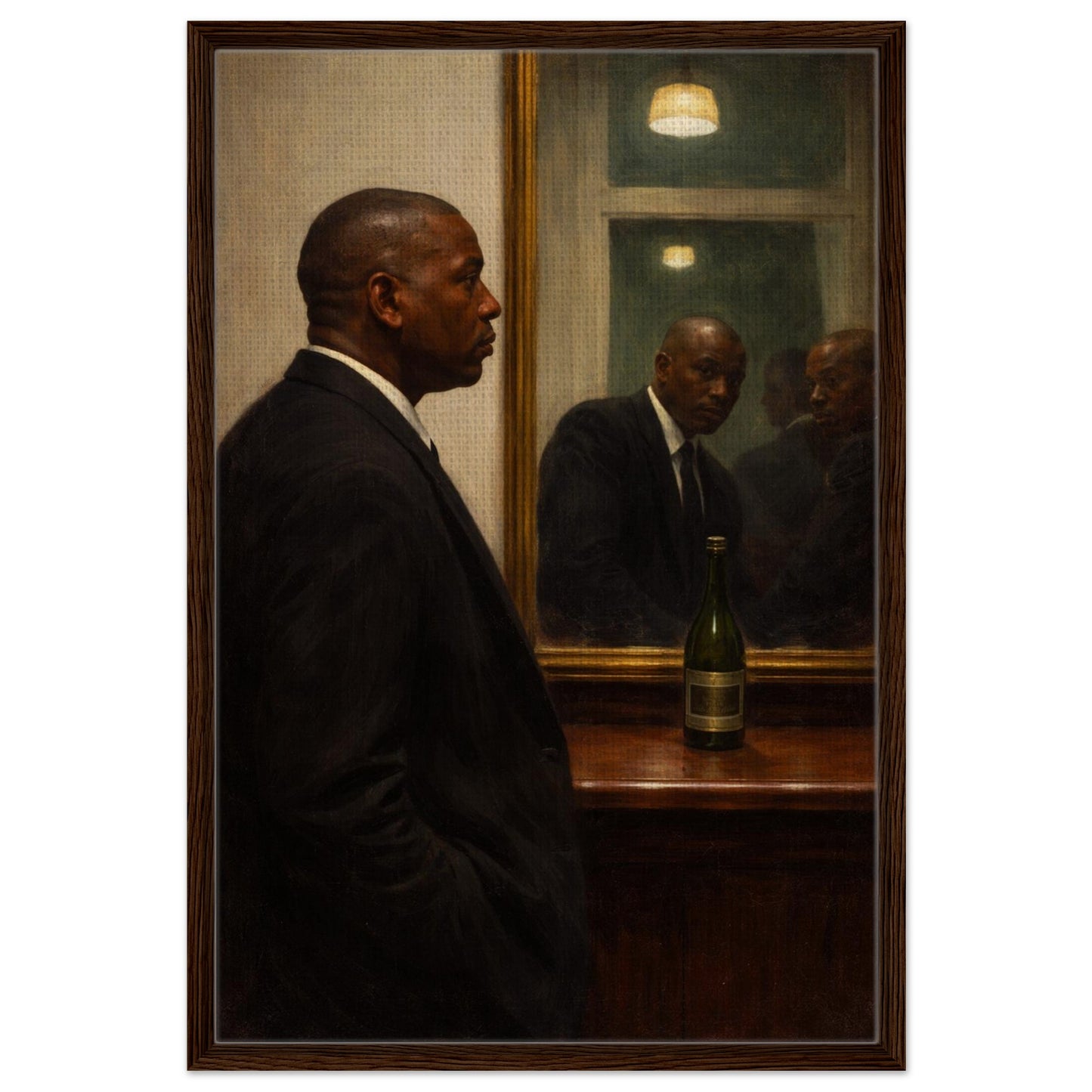 Moody framed canvas portrait of a Black man in profile with mirror reflection, dark wood frame, vertical wall art.