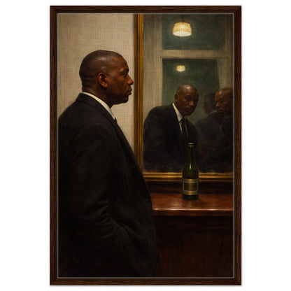 Moody framed canvas portrait of a Black man in profile with mirror reflection, dark wood frame, vertical wall art.