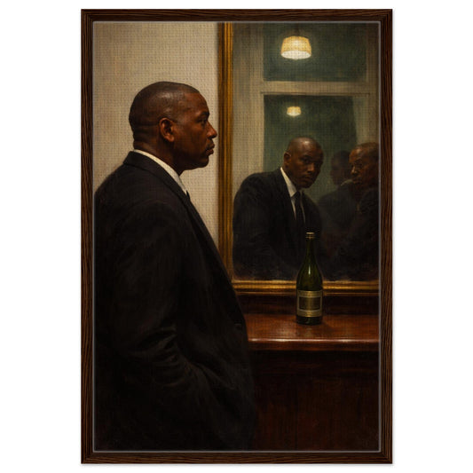 Moody framed canvas portrait of a Black man in profile with mirror reflection, dark wood frame, vertical wall art.