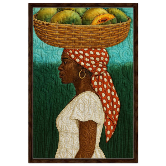 Daughter of Haiti framed canvas, quilt-inspired Afro-Caribbean portrait with headwrap and market basket in dark wood frame