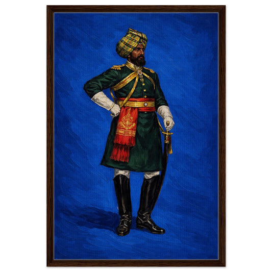 Turbaned keeper with sword portrait on vivid blue, museum framed canvas in black wood frame