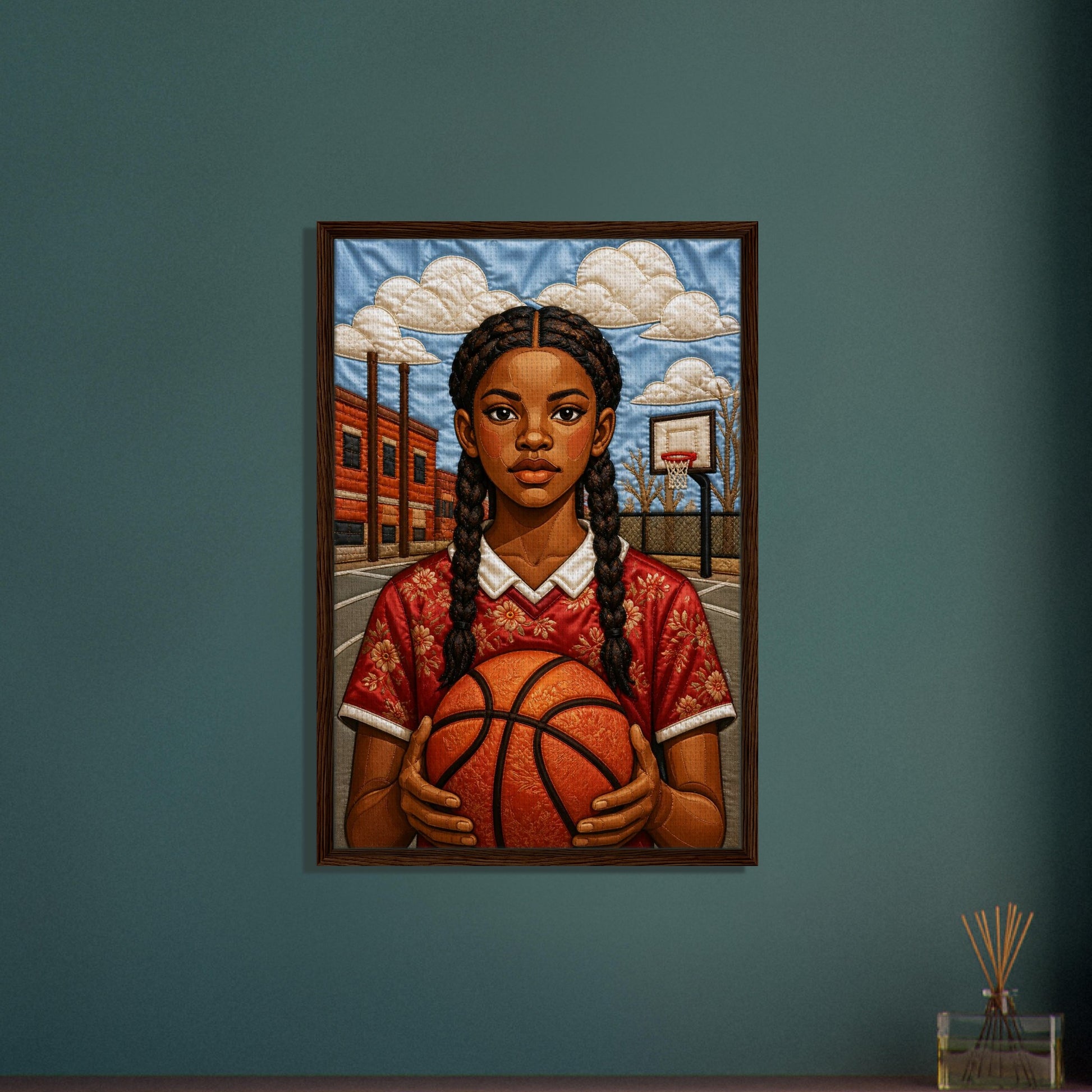 Museum-quality matte poster of quilt-inspired Black girl basketball