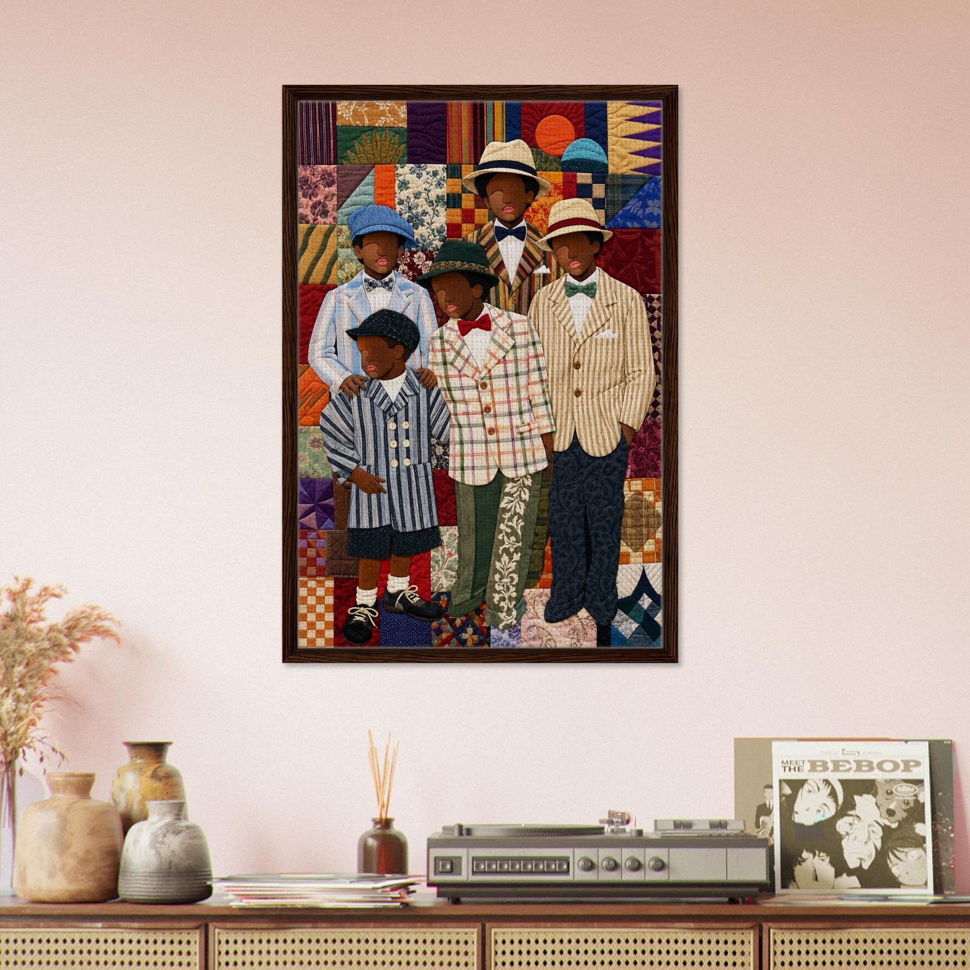 Framed Canvas, Dapper Brothers Black Boys Wall Art, Quilted-Style Vintage canvas