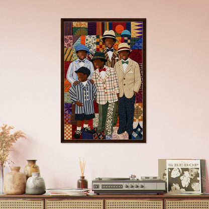 Framed Canvas, Dapper Brothers Black Boys Wall Art, Quilted-Style Vintage canvas