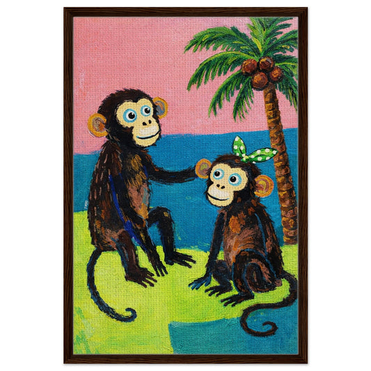 Small Moments Matter framed canvas with two tropical monkeys under a palm, color blocks, slim black frame, portrait