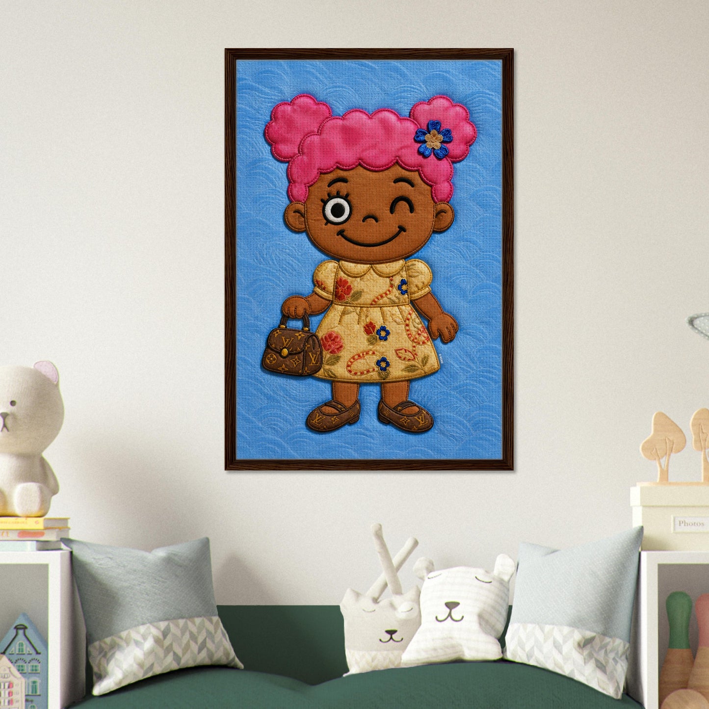 Pink Pigtails Framed Canvas Quilted-Style Kawaii-Style - Pop Art