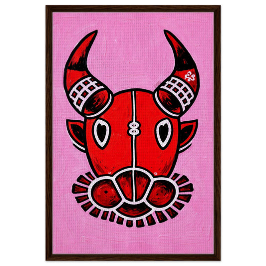 Crimson bull framed canvas graphic in slim black frame, folk-inspired pop art portrait with textured surface by Damsko
