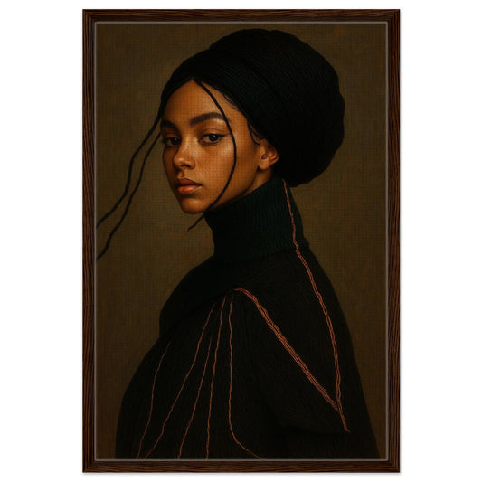 Threads of Quiet Strength framed canvas portrait in dark wood frame with modern chiaroscuro and copper stitched detail