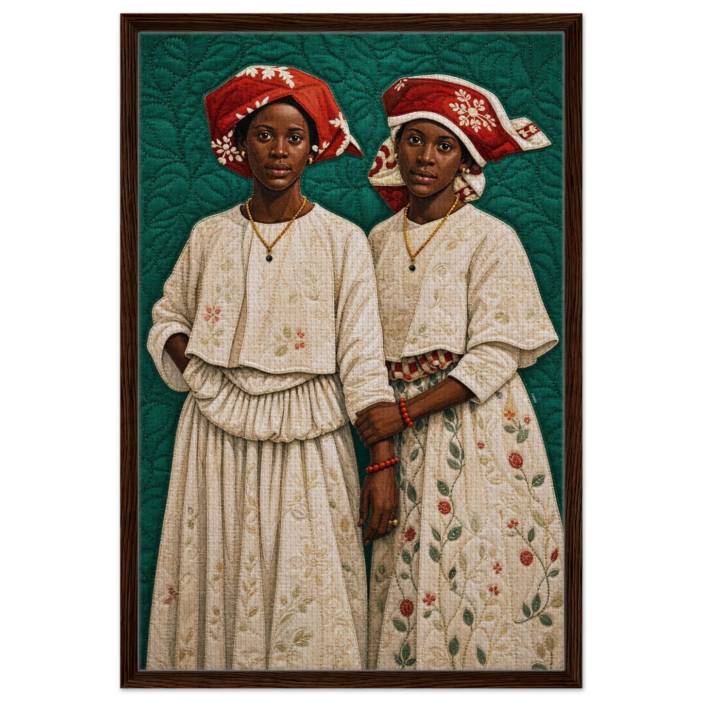 Quilted Afro double portrait on framed canvas wall art, two Surinamese Kotomisi women with red headwraps on green background