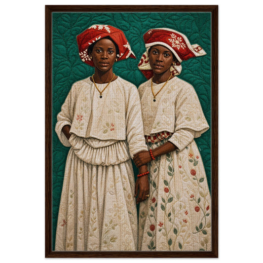 Quilted Afro double portrait on framed canvas wall art, two Surinamese Kotomisi women with red headwraps on green background