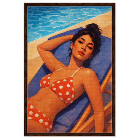 Retro bikini pin-up framed canvas art: woman by pool in red polka-dot bikini, dark wood frame, vertical orientation