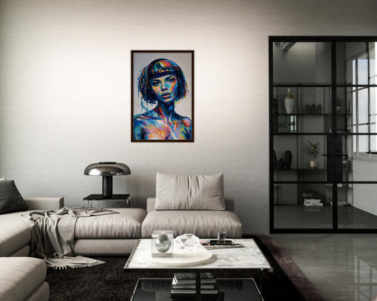 She Holds the Spectrum Framed Canvas in a Black Frame - Pop Art