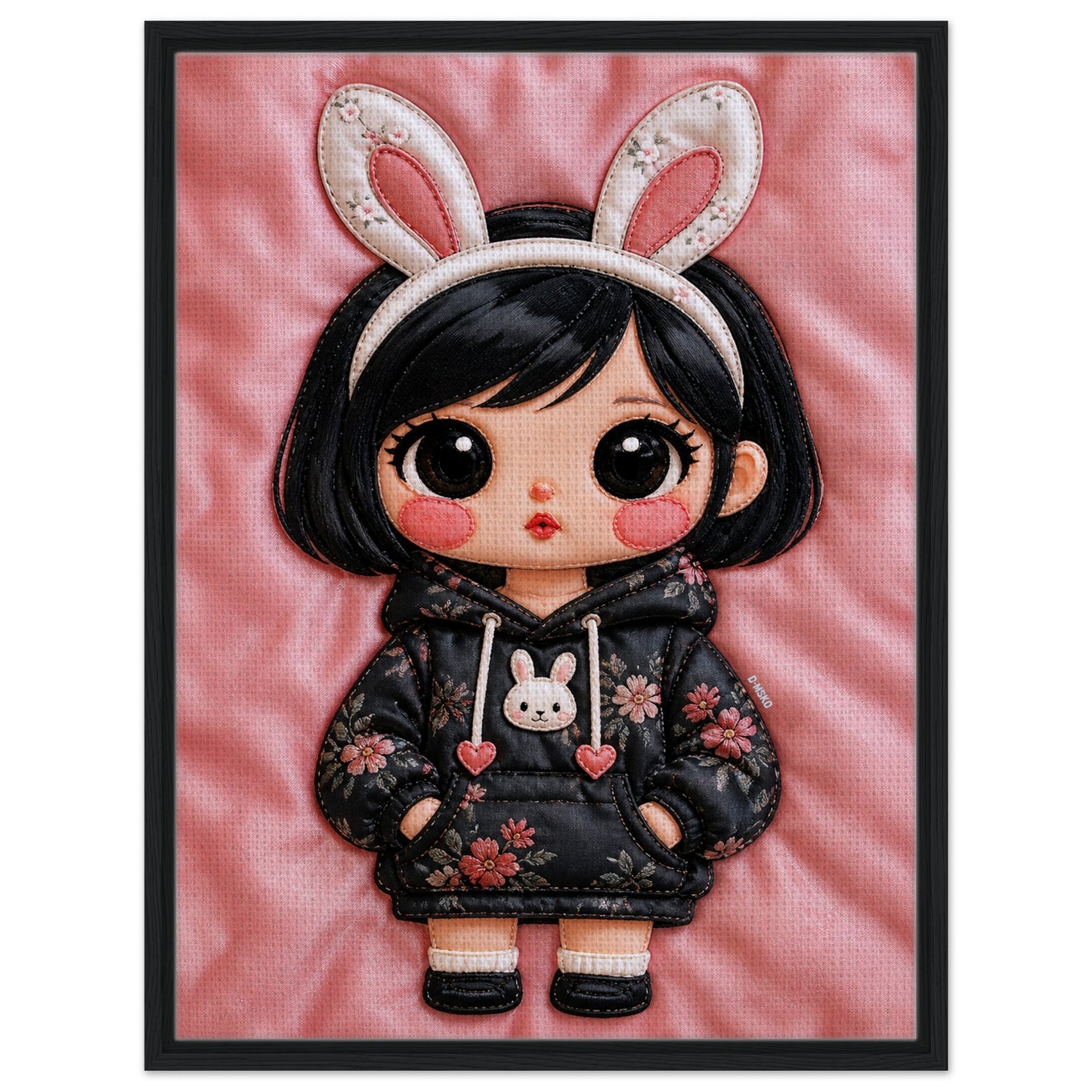 Bunny Bloom Kawaii Quilted-Style Framed Canvas