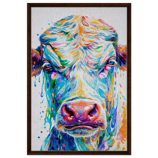 Up-close, unfiltered cow portrait on canvas, dark wood framed pop art wall decor