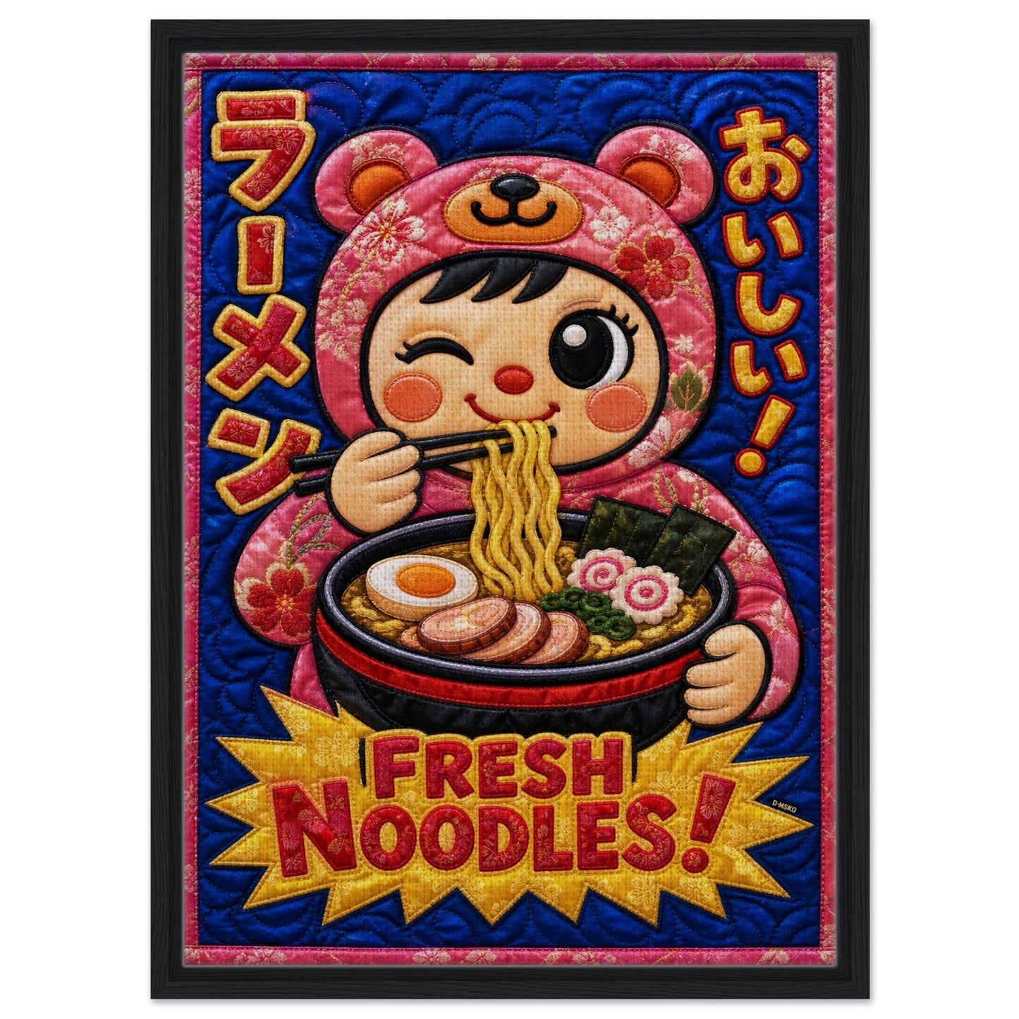 Fresh Noodles Framed Canvas Quilt-Inspired Kawaii-Style