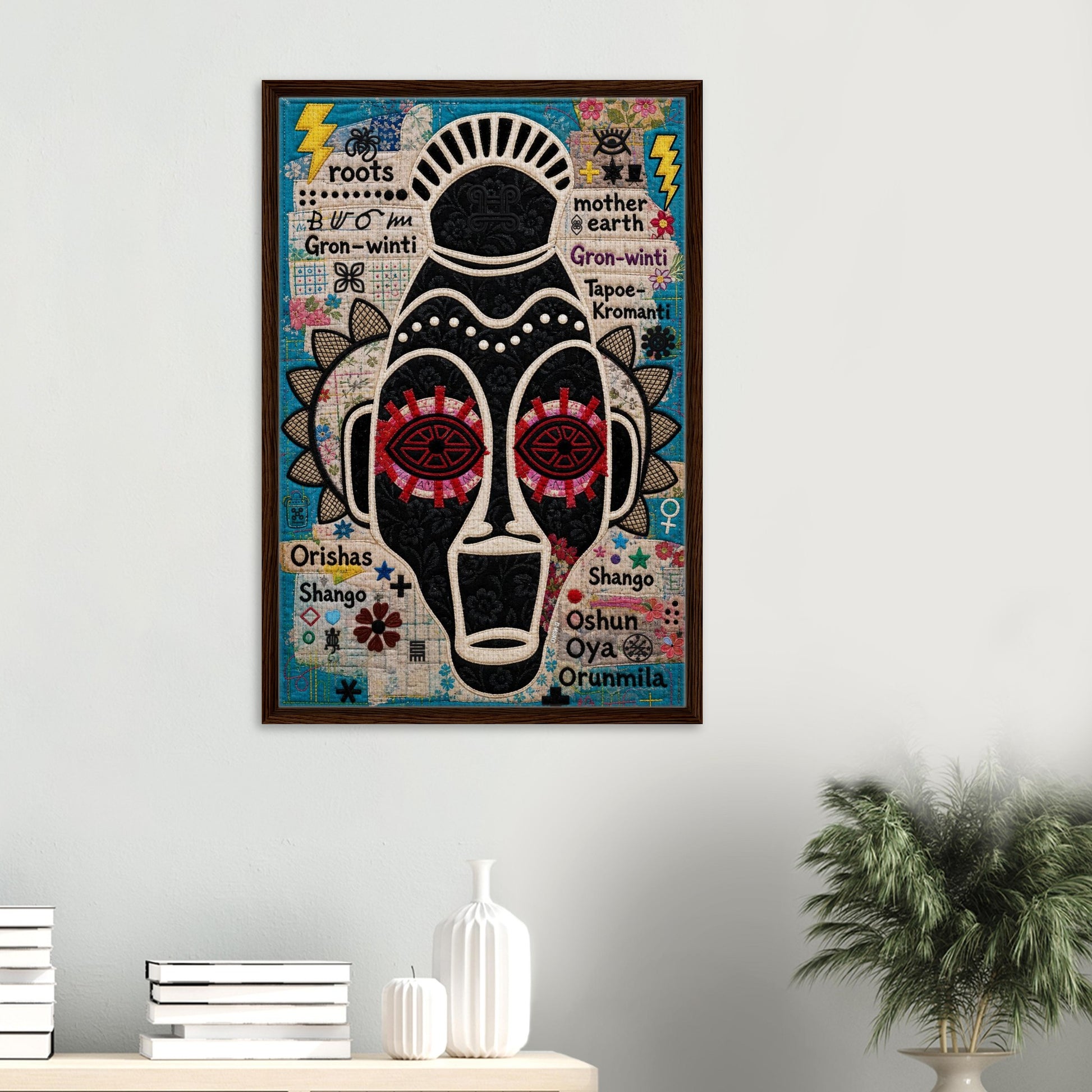 Ancestral Roots Mask Framed Canvas Quilted-Style - Yoruba Orisha Style
