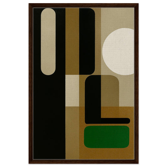 Bauhaus geometric tranquility framed canvas with rounded rectangles and a circle, black frame, beige tones and green accent