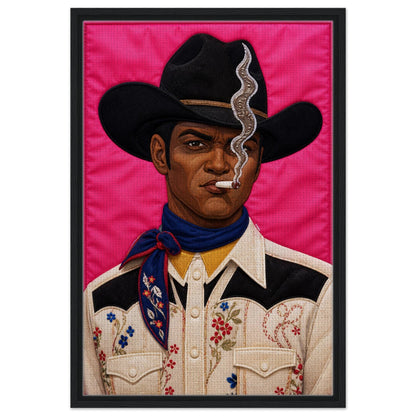 Pink Outlaw Cowboy Framed Canvas Quilt-Inspired Western Portrait