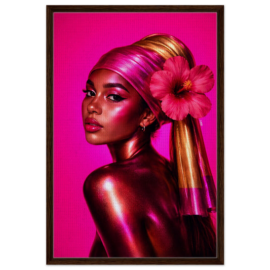 Framed chromatic canvas portrait-she grips the glow; magenta with metallic gold, hibiscus, vertical in black wood frame.