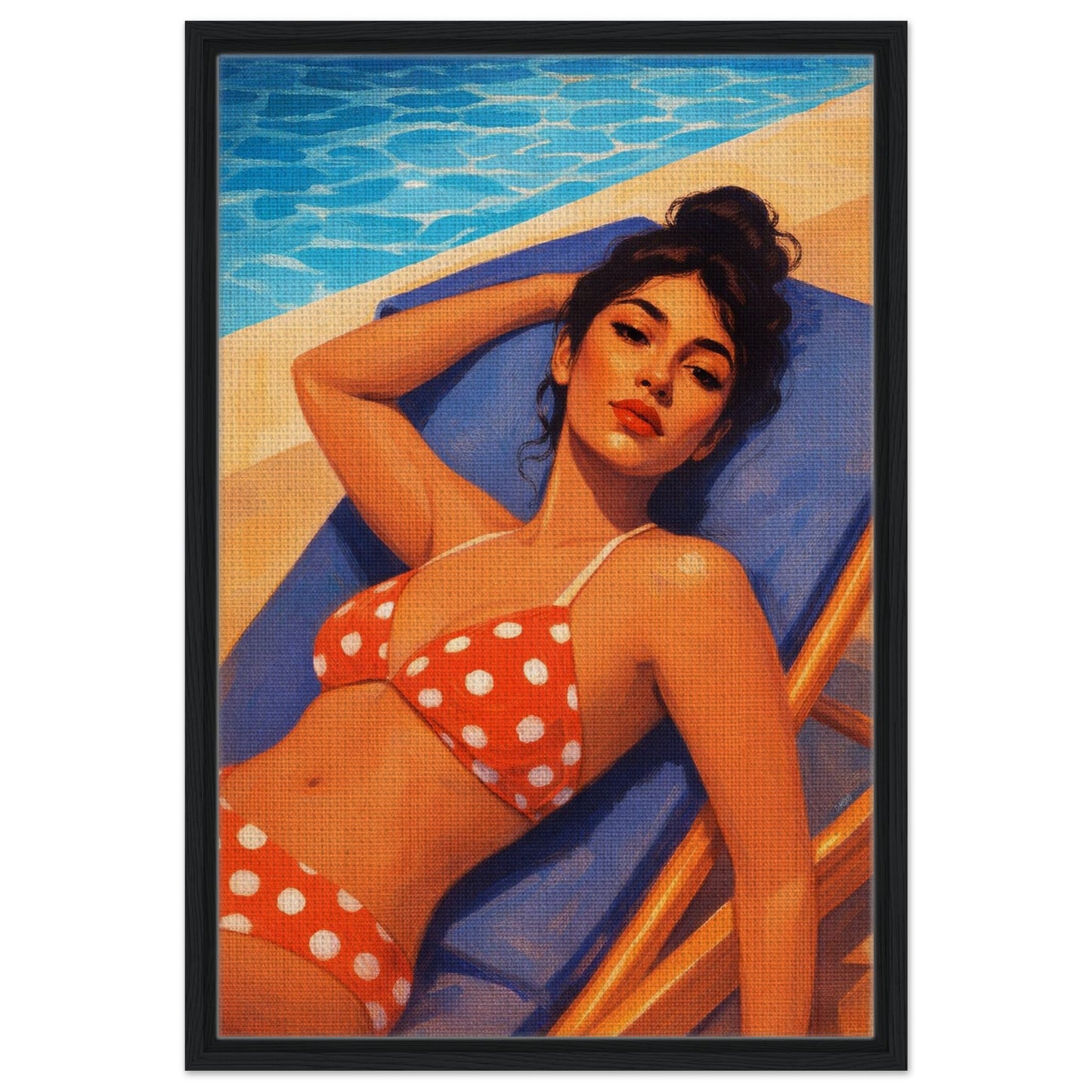 Poolside Muse Retro-Illustrative Framed Canvas - Pin-Up Style