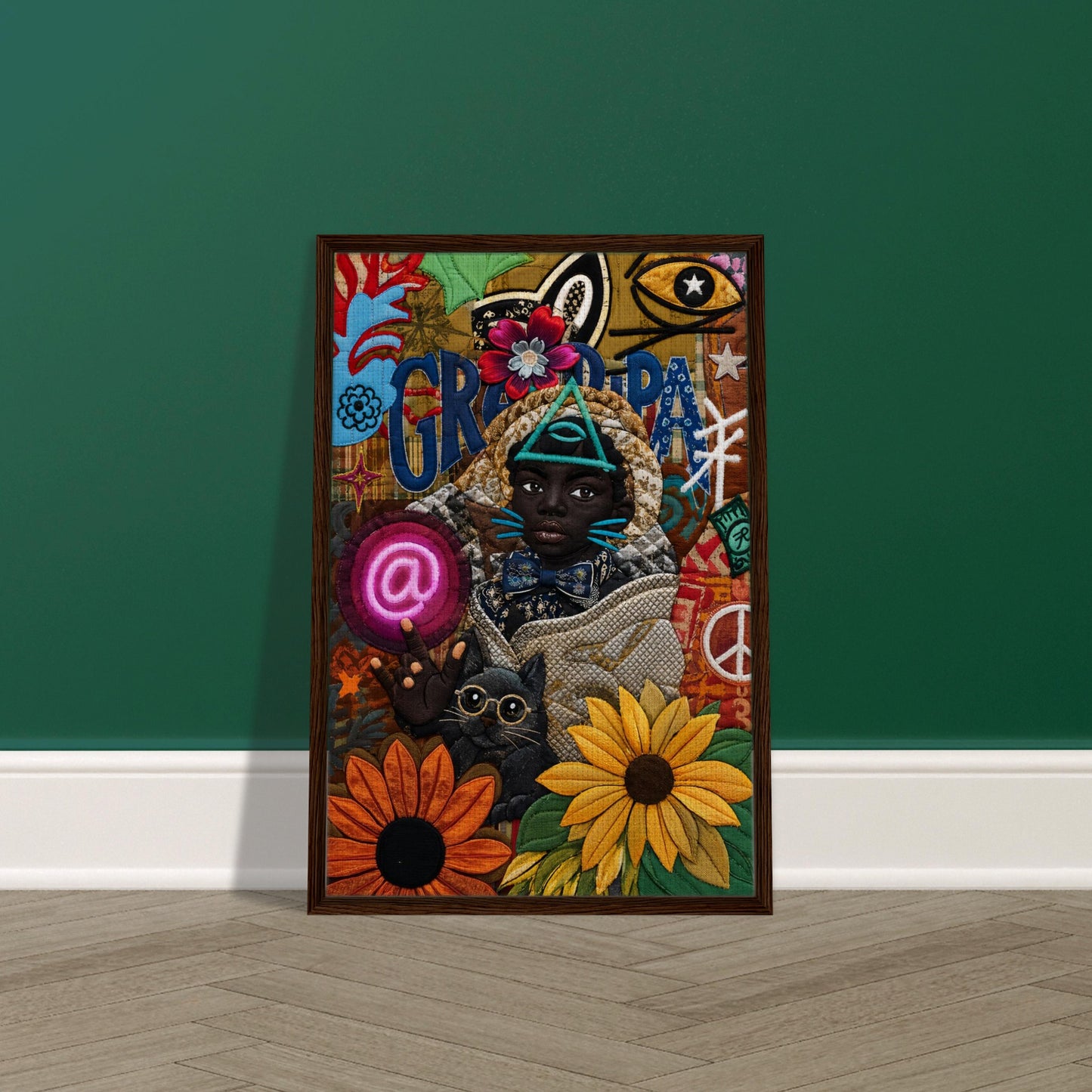 Neon Oracle Black Child Framed Canvas Quilt-Inspired Afrocentric