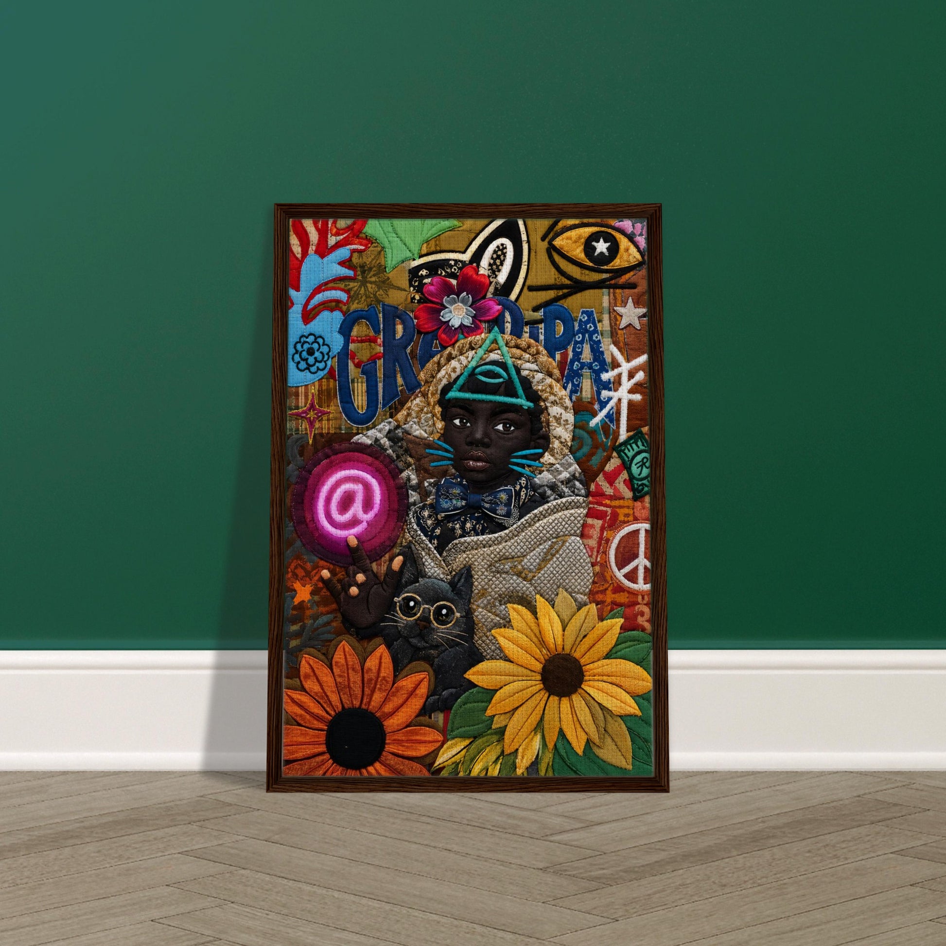 Neon Oracle Black Child Framed Canvas Quilt-Inspired Afrocentric