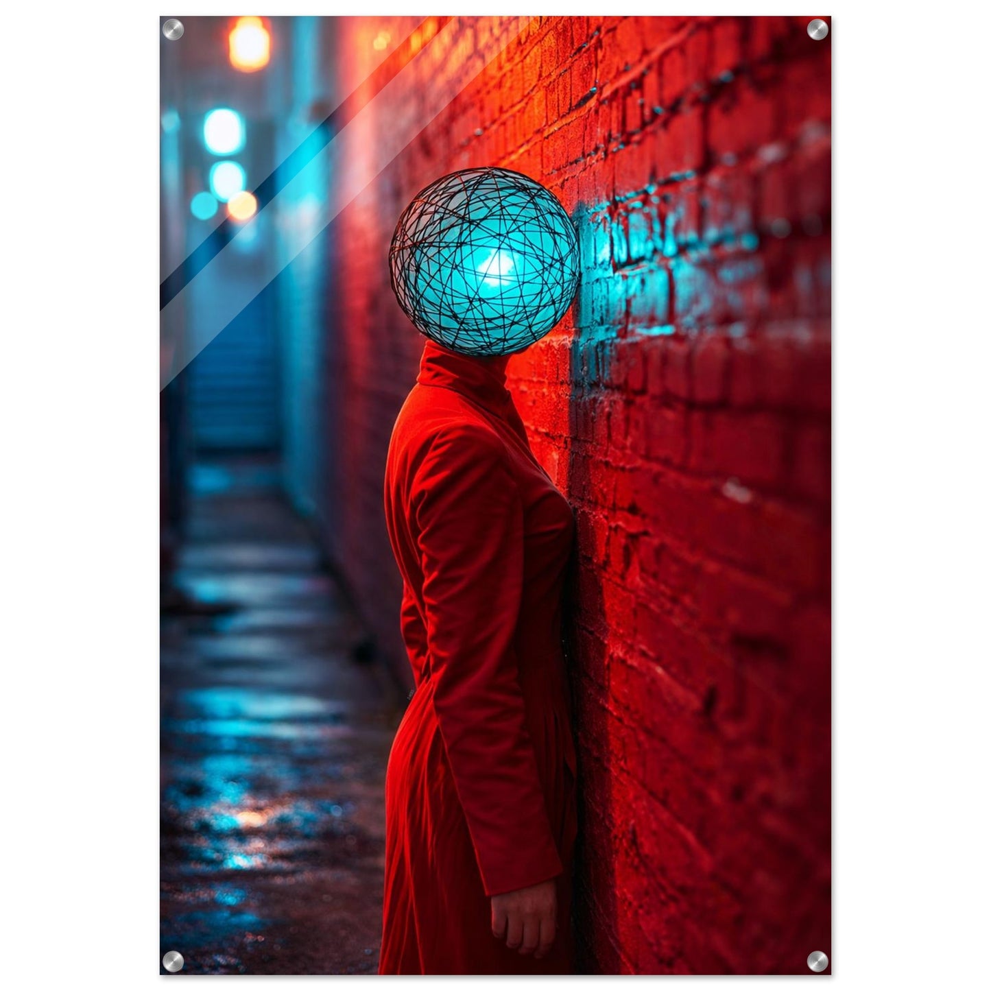 Modern wall art acrylic print of a cyberpunk neon-noir alley portrait in red and turquoise, vertical orientation