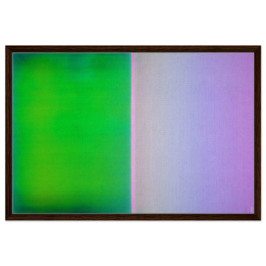 Soft division minimalist framed canvas in green and lavender with a fine pink seam, landscape orientation, dark wood frame