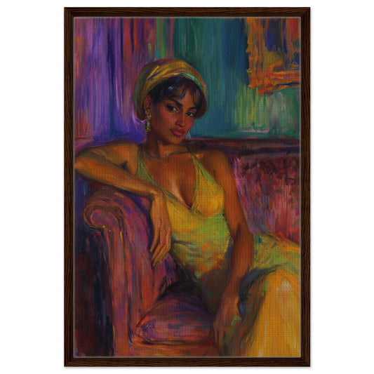 Framed canvas portrait, She Carries Light Not Borrowed, female figure with headwrap and earrings in black wood frame