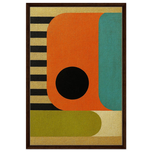 Color block rhythm framed canvas with orange, turquoise blocks, black circle, striped band, dark wood frame, textured surface
