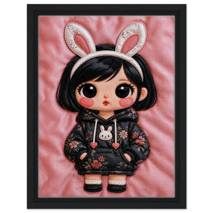 Bunny Bloom Kawaii Quilted-Style Framed Canvas