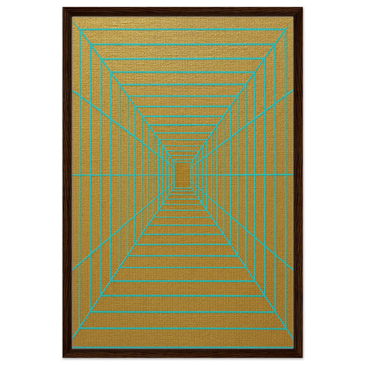 Lines of Eternity minimalist framed canvas with turquoise lines forming a geometric tunnel on gold, dark wood frame