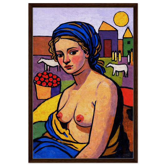 Fauvist-inspired framed canvas, seated nude with blue scarf, bold contours, dark wood frame, vertical.