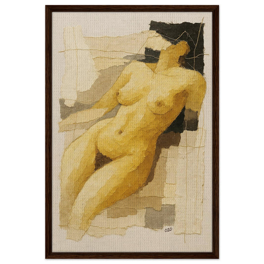 Bound in Light abstract framed canvas, collage-inspired reclining nude in warm ochre and beige with natural wood frame.