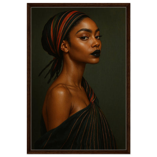Afrocentric framed canvas portrait in dark green and midnight hues with striped headwrap, black wood frame, living room wall 