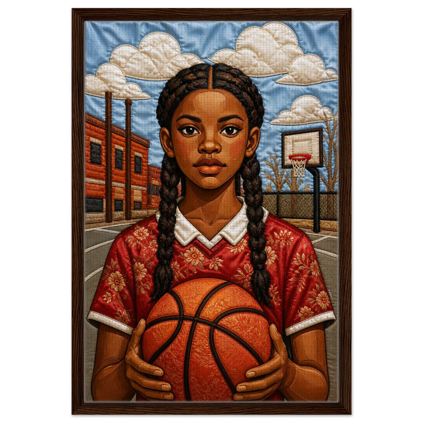 Museum-quality matte poster of quilt-inspired Black girl basketball