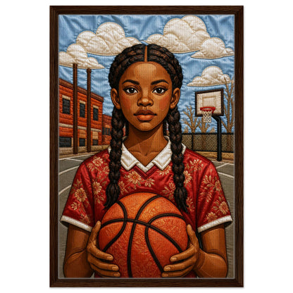 Museum-quality matte poster of quilt-inspired Black girl basketball