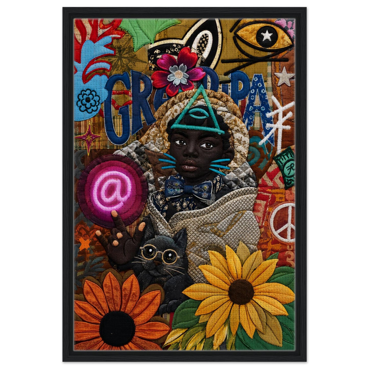 Neon Oracle Black Child Framed Canvas Quilt-Inspired Afrocentric