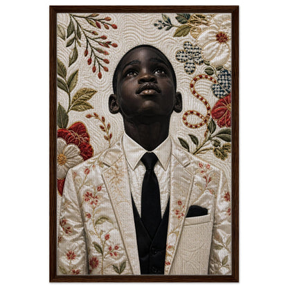 Quilt-inspired portrait framed canvas print with floral embroidery motifs, dark wood frame, vertical orientation