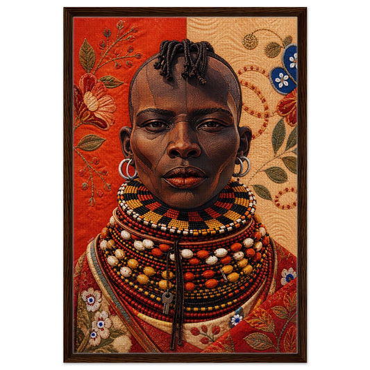 African woman framed canvas print in dark wood frame; quilted-style portrait with beaded necklaces and floral background
